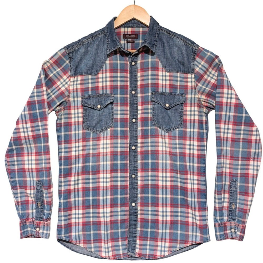 Zara Man Denim Collection Plaid Western Cowboy Snap Button Slim Fit Shirt Large